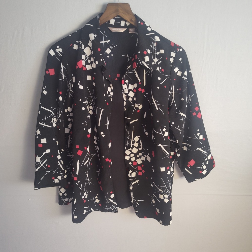 White Stag Womens 1X 16W Black Geometric‎ Abstract Print Layered Blouse Tank Top